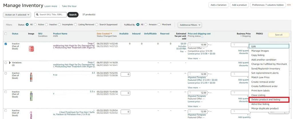 A screenshot of the Manage Inventory Page, showing the action drop-down options, Delete product and listing in red box