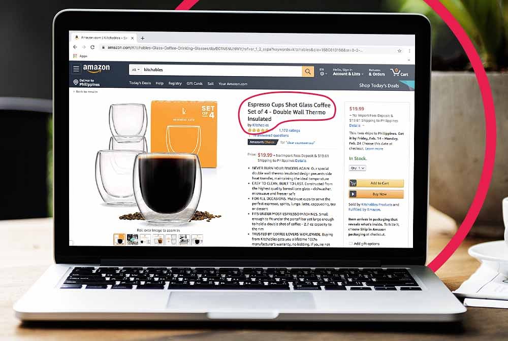 a laptop displaying an espresso cup product page from Amazon 