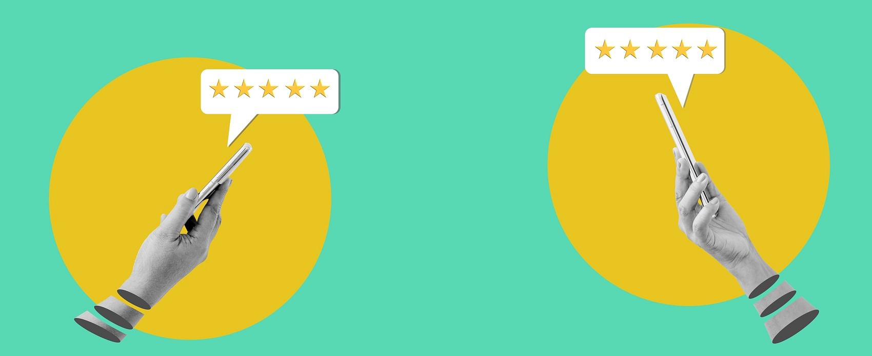 an illustration of customer reviews, showcasing two hands holding mobile phones. Each device displays a 5-star review bubble hovering above them