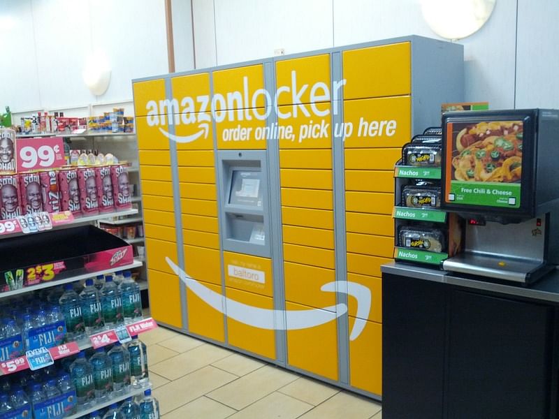 An Amazon locker inside a 7-Eleven store at Baltoro, New York