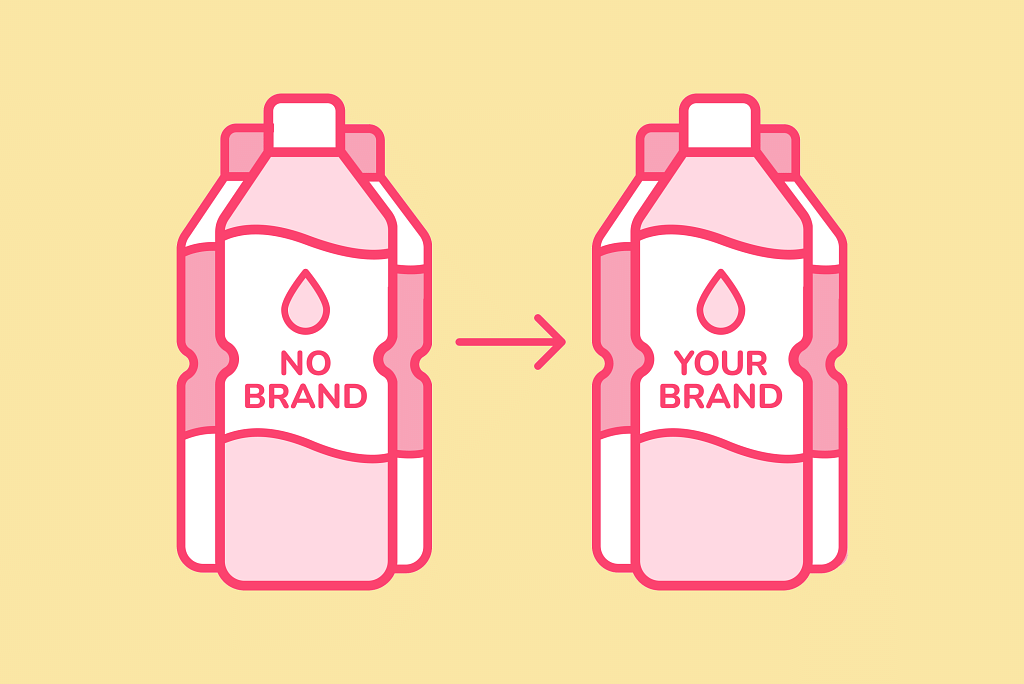An illustration of bottles on the left with a label “no brand” with an arrow pointing towards bottles with a label “your brand” 