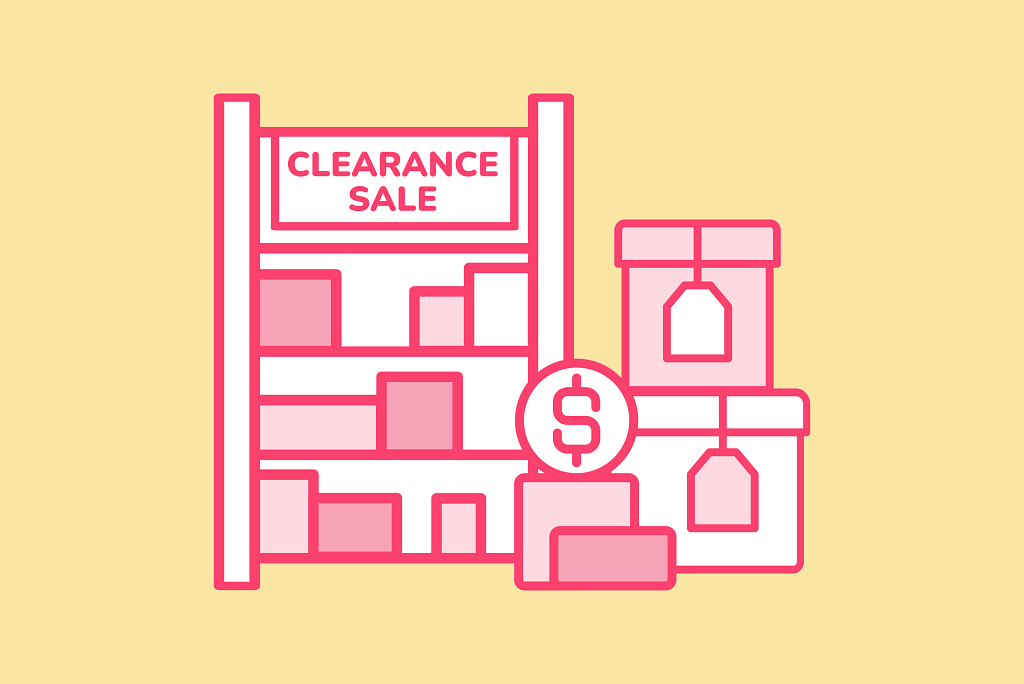 An illustration of a shelf with products and a banner reading “clearance sale”