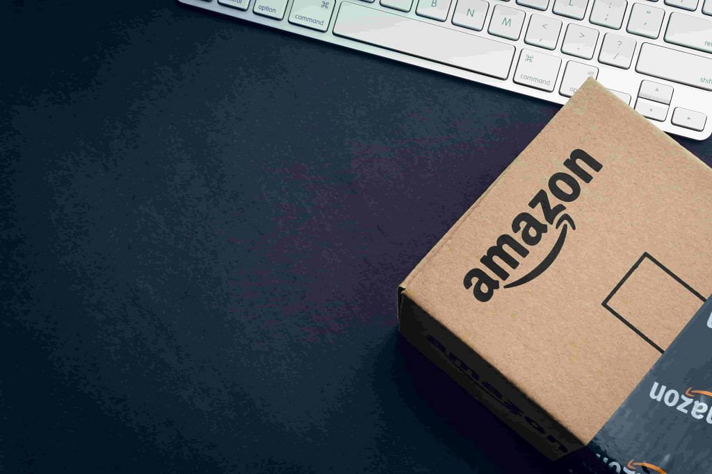 Amazon package beside a keyboard