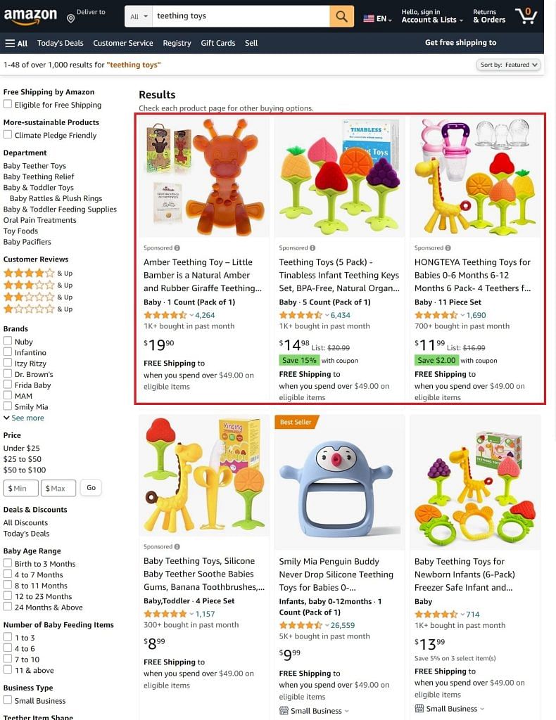 screenshot of an Amazon results page emphasizing Amazon sponsored products