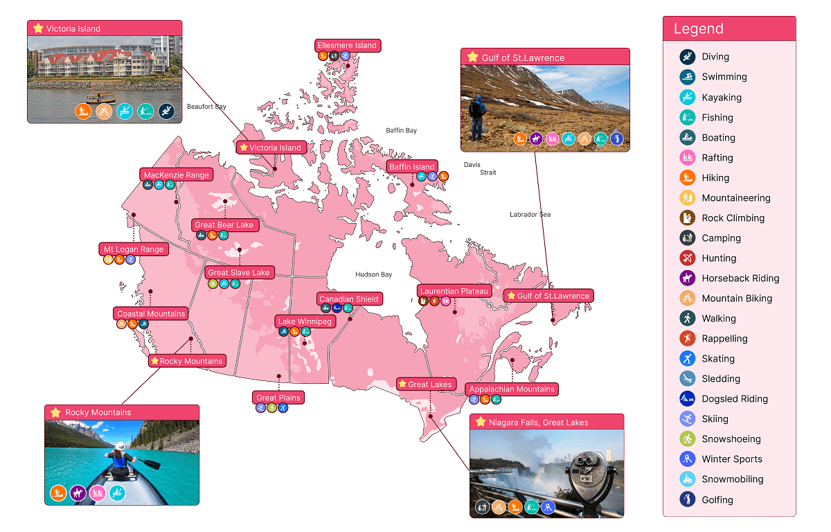 Canadian topographic map highlighting the country’s top outdoor destinations for hiking, camping, fishing, and other activities