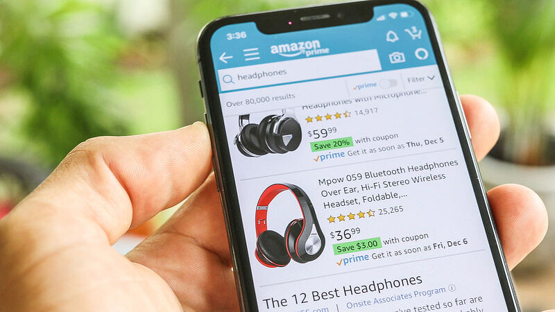 a detailed view of a smartphone screen showing some of Amazon Prime's headphone products