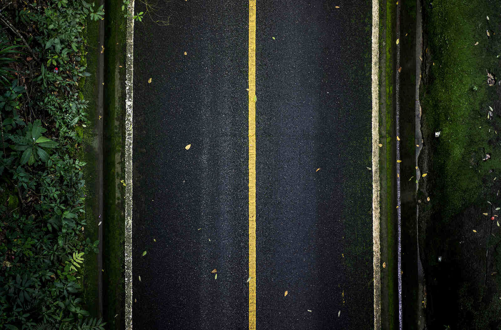 A top shot of a two-lane asphalt road with a yellow line in the middle