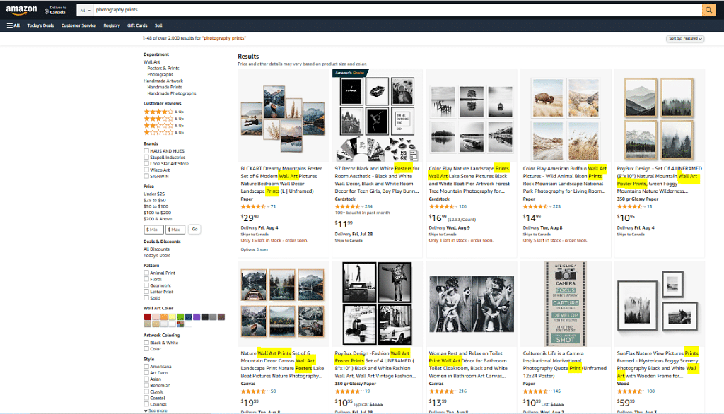 a screenshot of Amazon search results when a user searches for photography prints