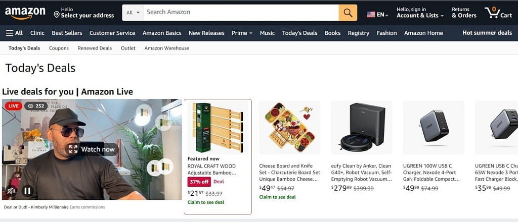 screenshot of amazon today’s deals page showing discounted products and live deals