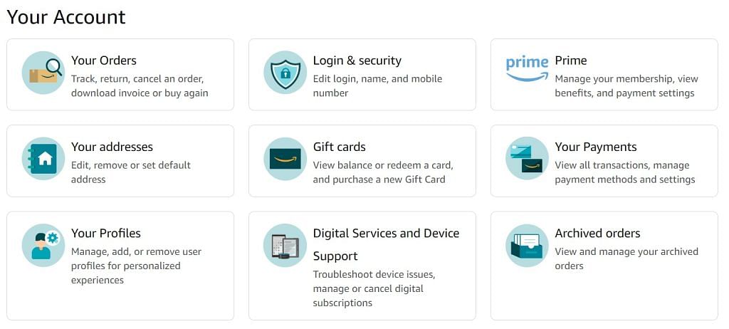 options under “Your Account” section on Amazon, from left to right: Your Orders, Login & Security, Prime, Your addresses, Gift cards, Your Payments, Your Profiles, Digital Services and Device Support, Archived orders