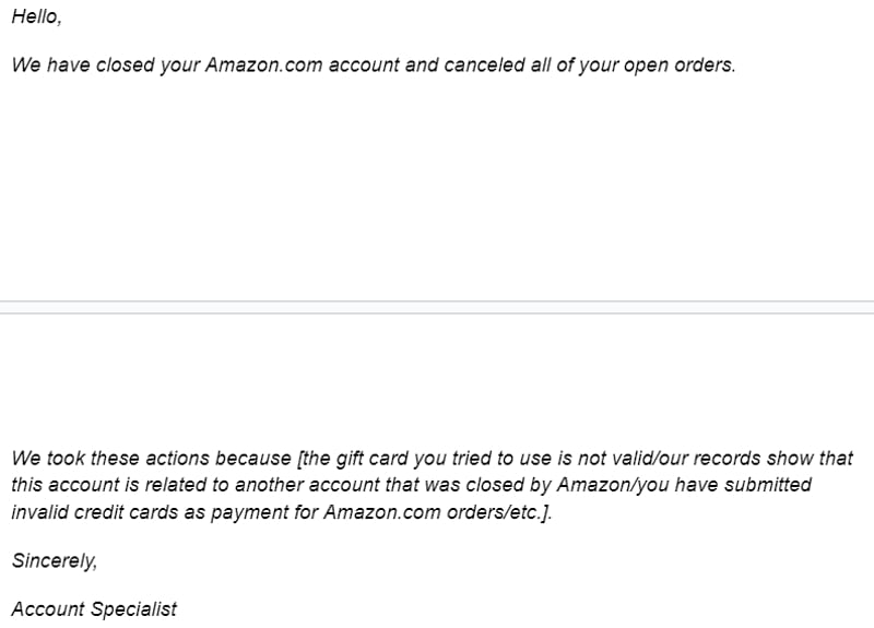 sample suspension email from Amazon