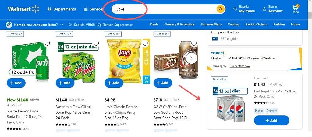 a screenshot showing the search query “coke” and an arrow pointing to a product of pepsi under the product detail page, illustrating the buy box banner