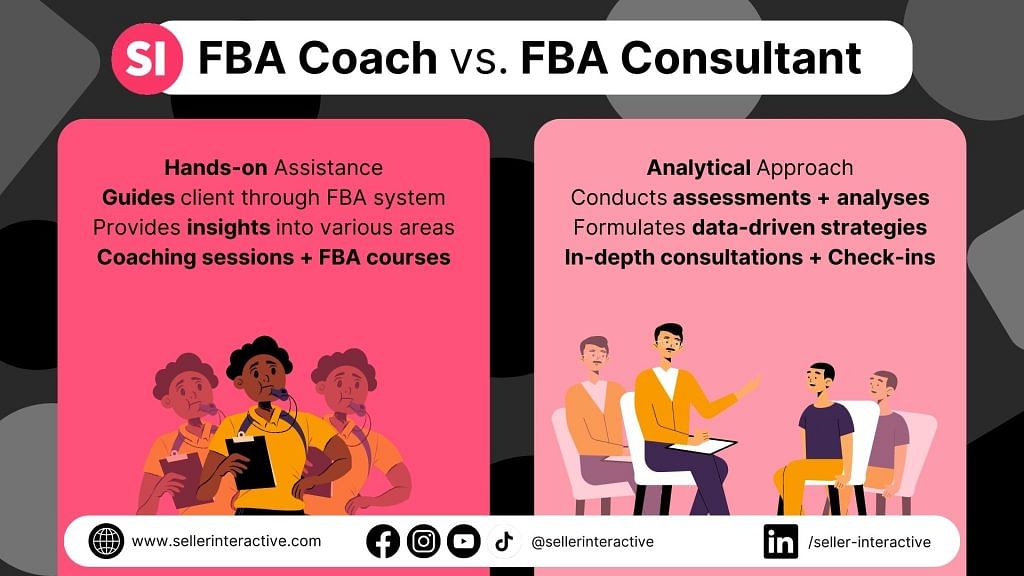 short graphic summarizing the differences between an Amazon FBA coach and consultant
