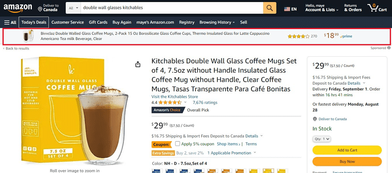 a sponsored display ad on top of a Kitchables product page