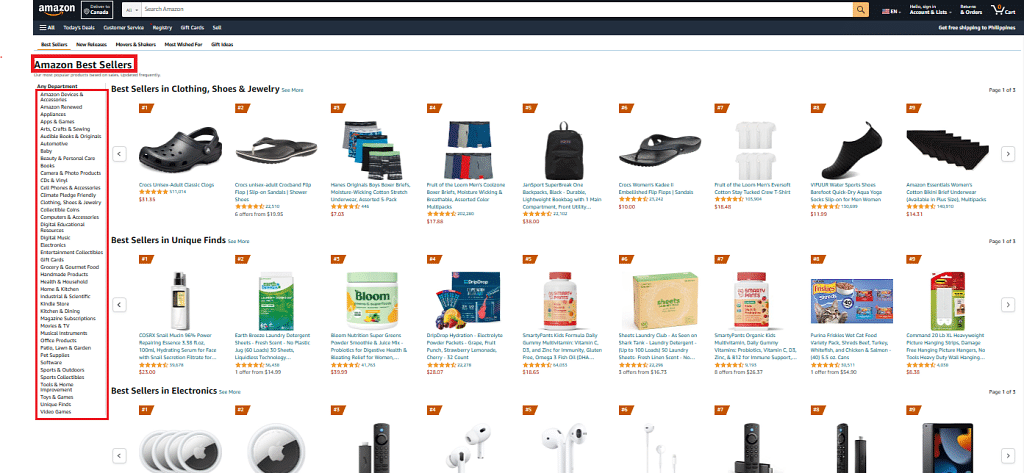 screenshot of the Amazon Best Sellers page with annotations