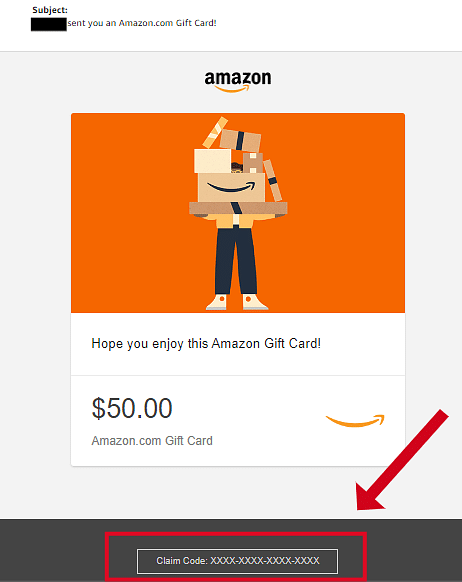 annotated screen cap of an Amazon eGift Card with the Claim Code area