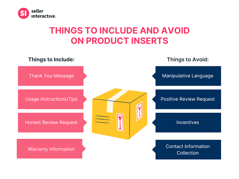 a graphic showing the things to include and avoid in amazon product insert. Things to include: thank you message, usage instructions/tips, review request, warranty information. Things you must avoid: manipulative language, request for positive reviews, incentives, request for contact information.