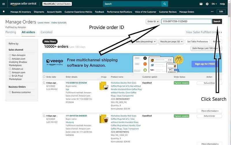 an annotated screenshot of finding an order id on amazon seller central
