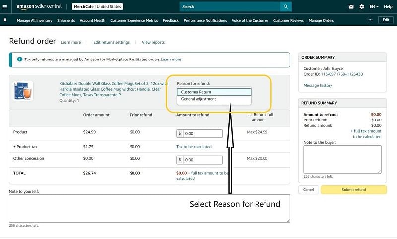 an annotated screenshot of choosing reason for refund on amazon seller central