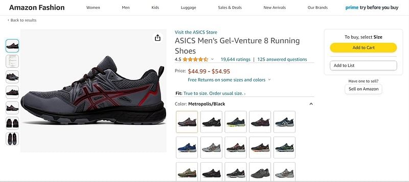 a screenshot of a product listing on amazon, showing asics men’s running shoes