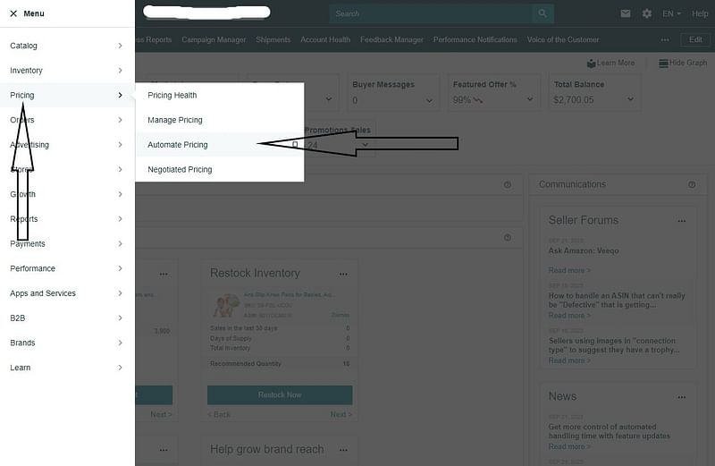 an annotated screenshot of Amazon autopricing step 1