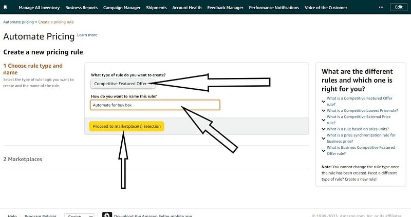 an annotated screenshot of Amazon autopricing step 3.1