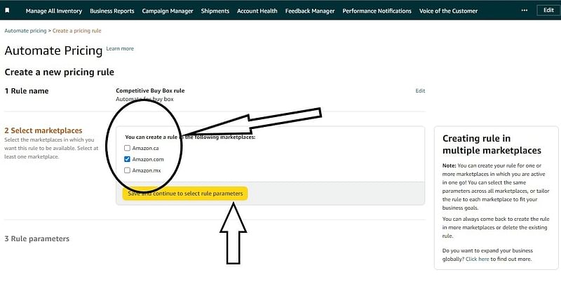 an annotated screenshot of Amazon autopricing step 3.2 