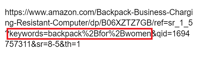 annotated screenshot of an organic Amazon search with keywords highlighted in red