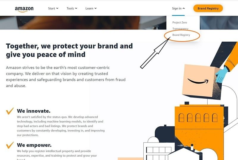 annotated screenshot of selecting Amazon Brand Registry