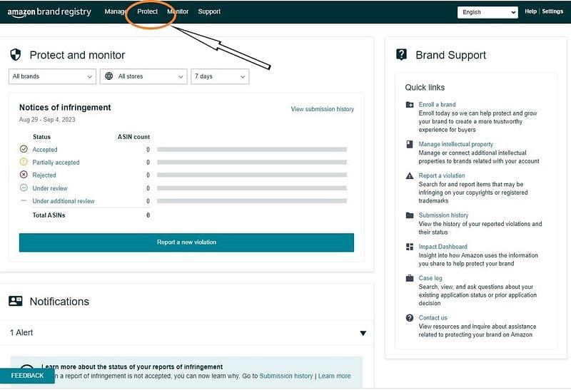 annotated screenshot of navigating the Protect button on Amazon