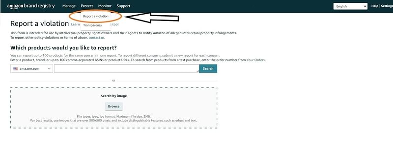 annotated screenshot of the report a violation button on Amazon