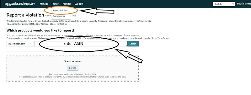 annotated screenshot of the report a violation form on Amazon