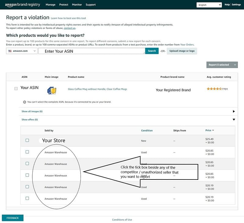 annotated screenshot of selecting sellers to report on Amazon