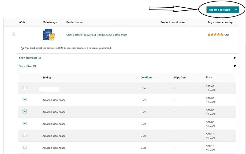 annotated screenshot of Amazon report button after selection