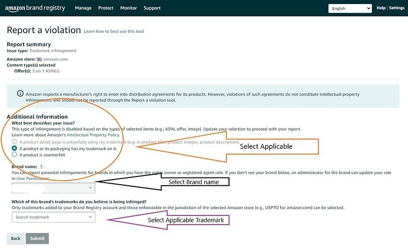 annotated screenshot of filling more info on Amazon report a violation form
