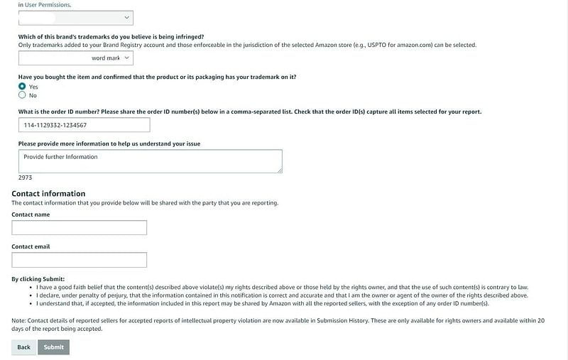 screenshot of Amazon report a violation form 2