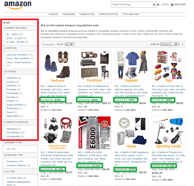 annotated screenshot of the Amazon Liquidation Auctions website with the filter highlighted in red and the bid prices highlighted in green